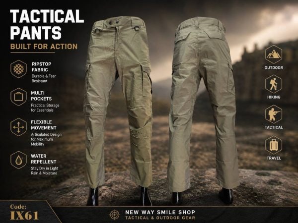 Khaki tactical cargo pants with reinforced knees and six pockets, water-repellent fabric, and stretch material.