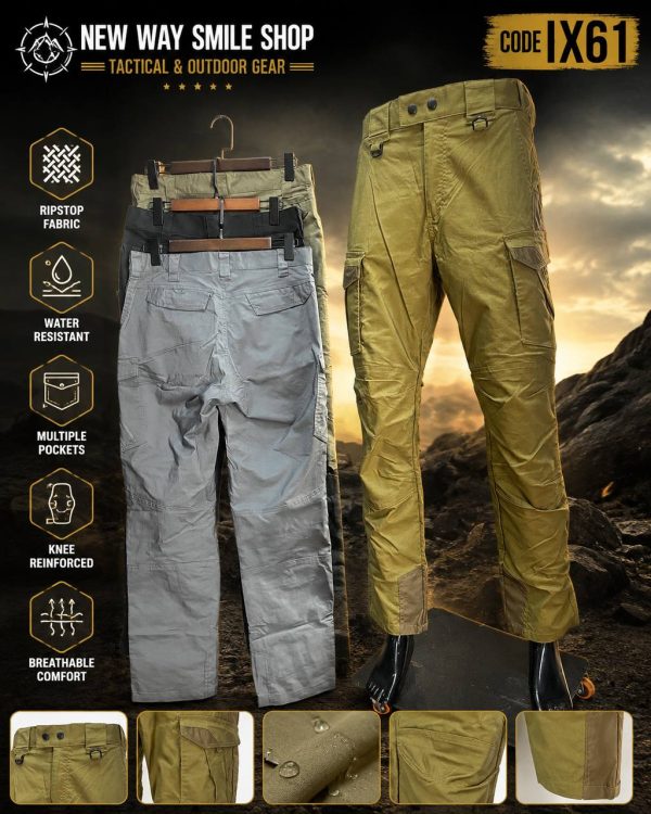 Water-resistant tactical cargo pants with reinforced knees and six pockets in khaki color.