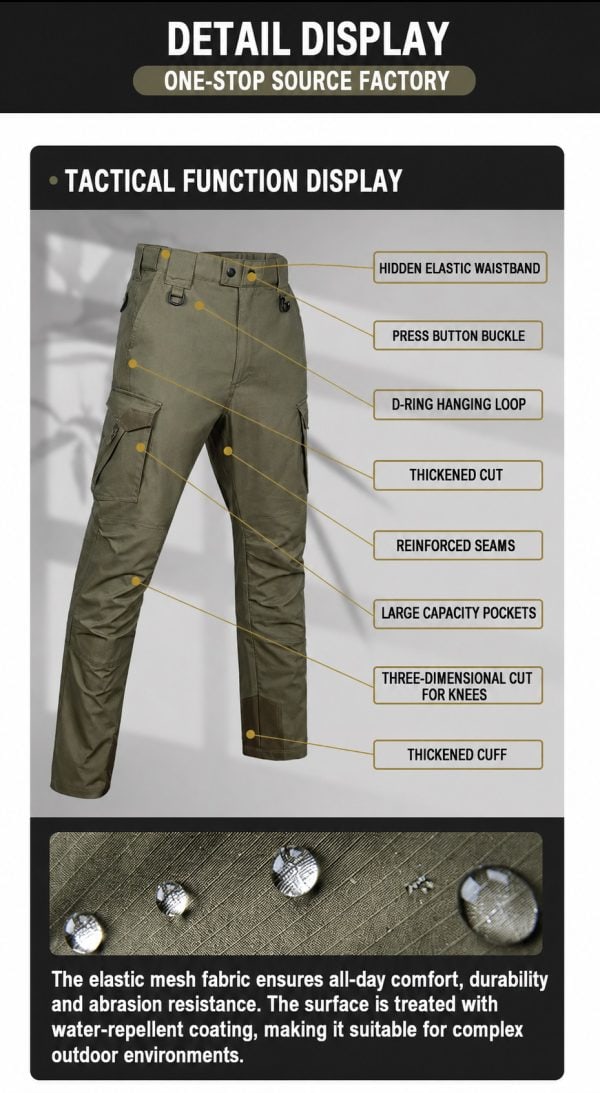Khaki tactical cargo pants with reinforced knees and six pockets, water-repellent fabric, and elastic waistband.