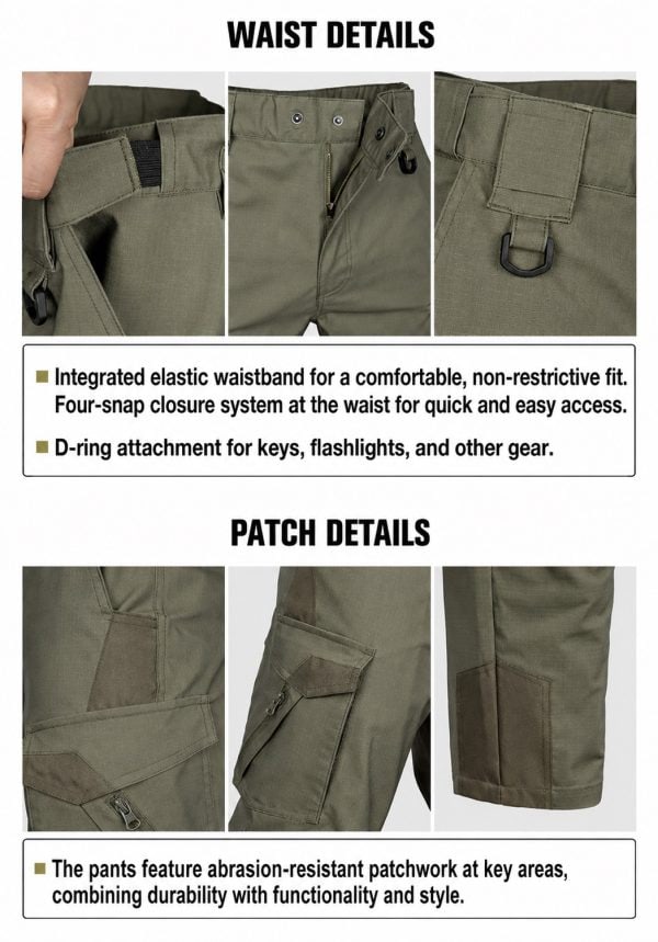 Khaki tactical cargo pants with reinforced knees and six pockets, water-repellent fabric, and stretch material.
