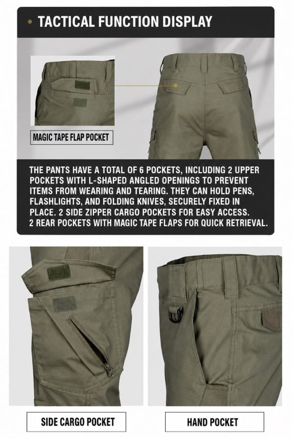 Khaki tactical cargo pants with multiple pockets and reinforced knees, water-repellent fabric, and adjustable features.