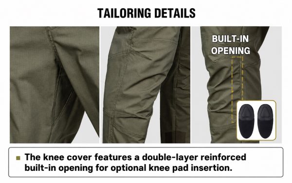 Water-repellent tactical cargo pants with reinforced knees and six pockets in khaki color.