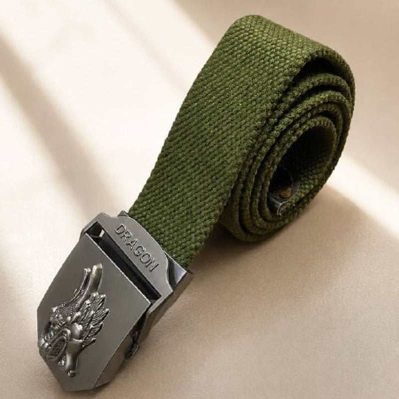 Olive green tactical belt with metal buckle featuring a dragon design, suitable for outdoor and tactical use.