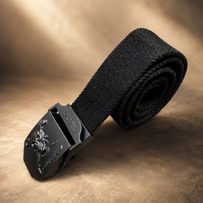 Black tactical belt with a metal buckle featuring a dragon design, suitable for outdoor and tactical use.
