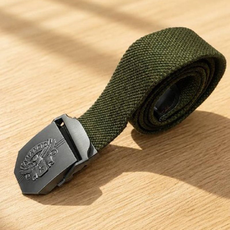 Olive green tactical belt with black buckle, suitable for outdoor and tactical use.