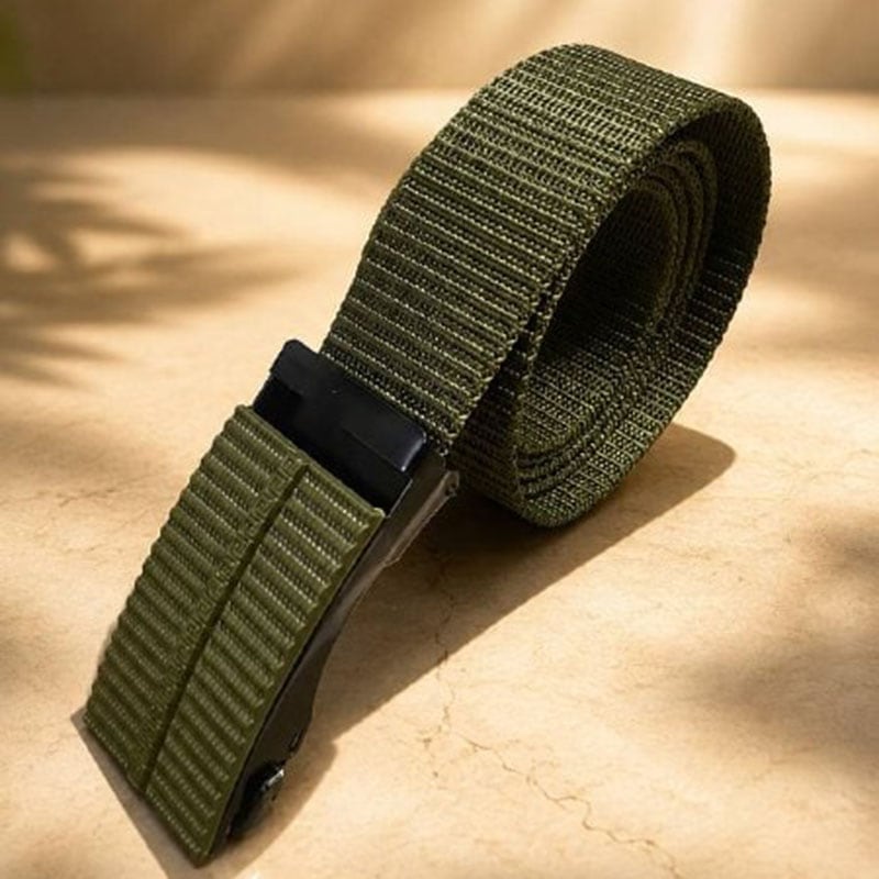 Olive green tactical belt with black buckle for outdoor and tactical use.