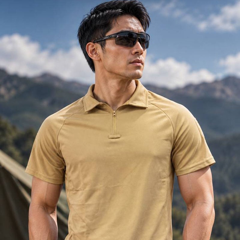 TSS78 Khaki Short-Sleeve Tactical Zip Polo Shirt worn by a man outdoors with mountains in background.