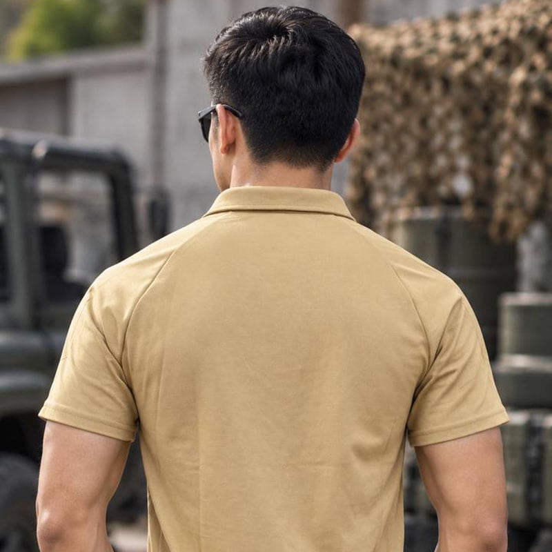 Khaki tactical short-sleeve zip polo shirt on a man from the back.