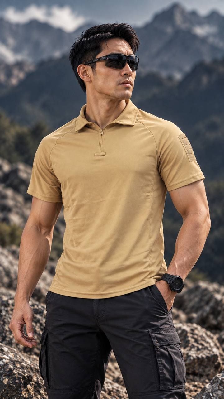 អាវ Polo Tactical ដៃខ្លី Khaki មាន Zip ខាងមុខ សម្រាប់ការរុករក និងប្រើប្រាស់ក្រៅផ្ទះ.