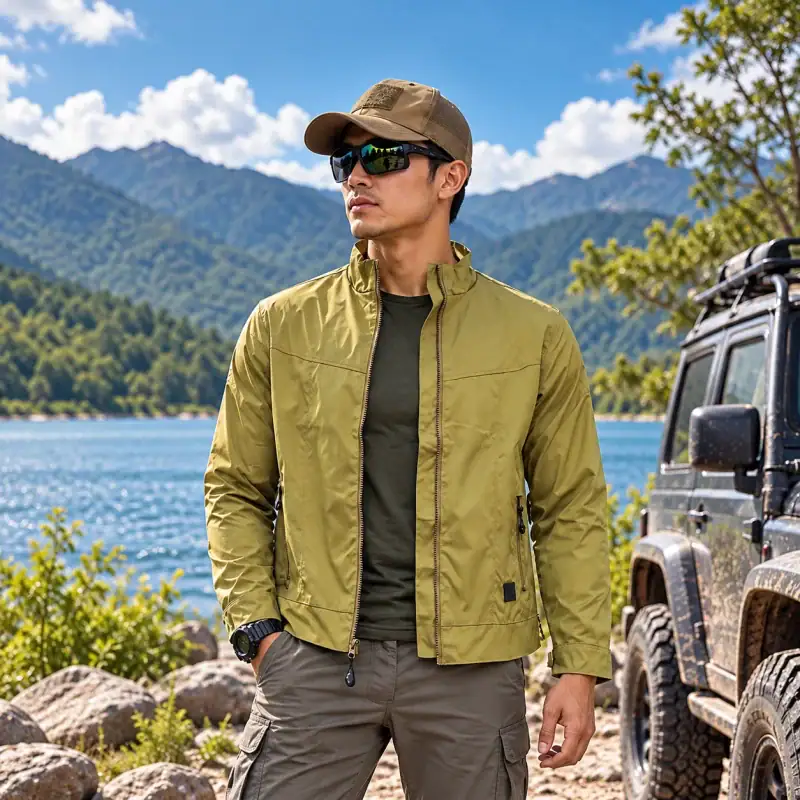 JK16 Men's lightweight outdoor zip jacket in olive green with stand collar for tactical and outdoor use.
