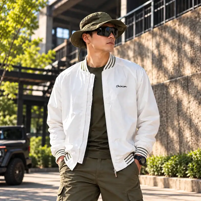 JK15 Men’s white bomber jacket with striped rib trim and statement back logo, casual outdoor style.