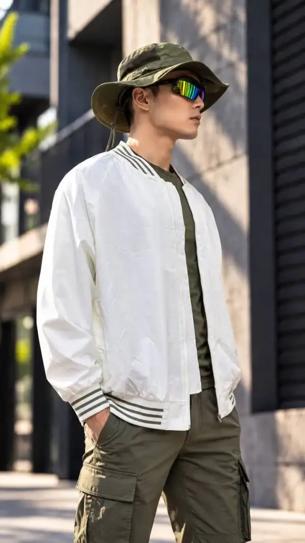 អាវក្រៅបុរសពណ៌ស Bomber ខ្សែឆ្នូតត្រង់ក សម្រាប់កីឡា និងការផ្សងព្រេងក្រៅផ្ទះ.