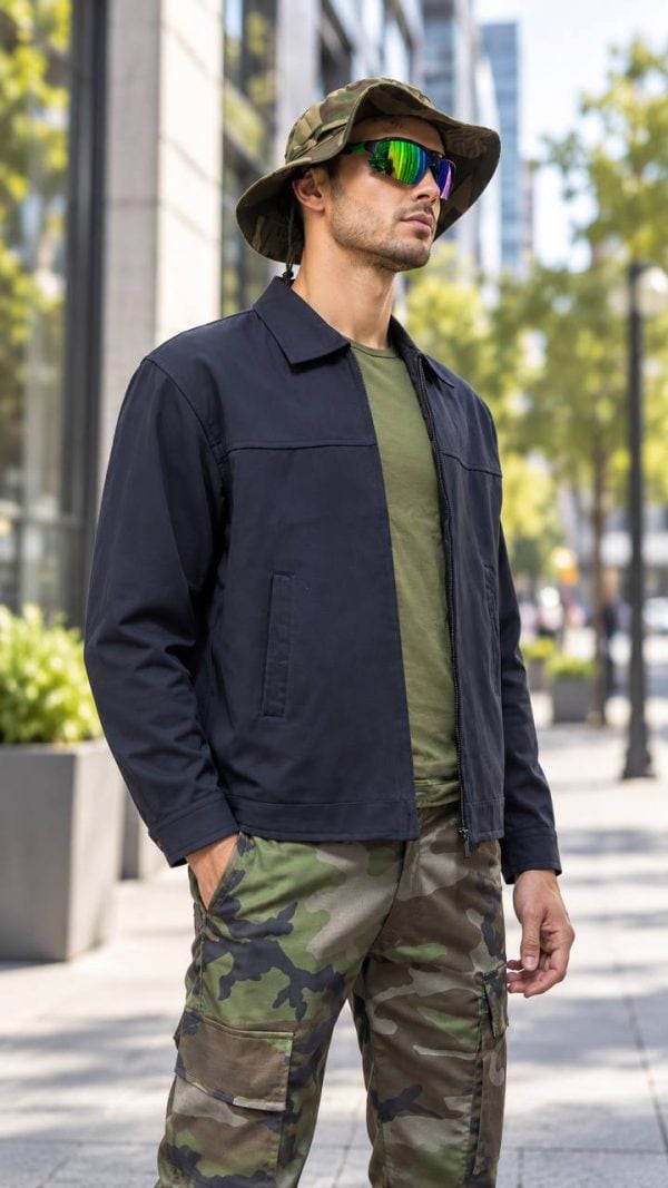JK14 Men's lightweight windproof lapel jacket in navy blue, casual spring/autumn style, outdoor wear for tactical use.
