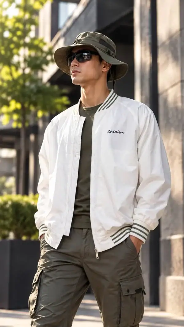 អាវក្រៅបុរស Bomber ពណ៌សសម្រាប់កីឡា និងចំណាយក្រៅ, មានខ្សែឆ្នូតត្រង់ក និងចង្កេះ, សមស្របសម្រាប់សកម្មភាពក្រៅ.